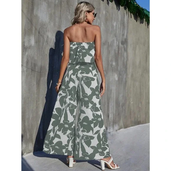 2 piece set: boho Floral Print Tube Top & slit wide leg Pants Set - Picture 5 of 5